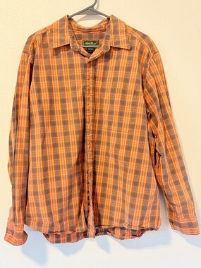 Eddie Bauer Vintage Plaid Button Down Shirt Orange Gray Cotton Outdoor Large